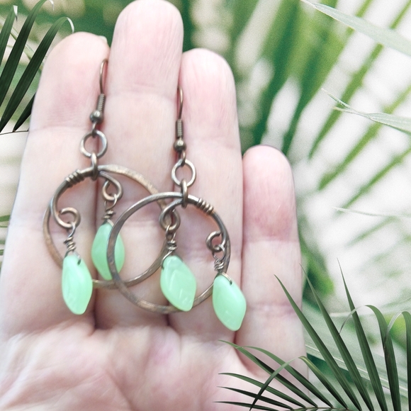 Artisan Jewelry - Artisan Earrings Wire Wrap Hammered Hoops with Pale Green Czech Glass Leaves
